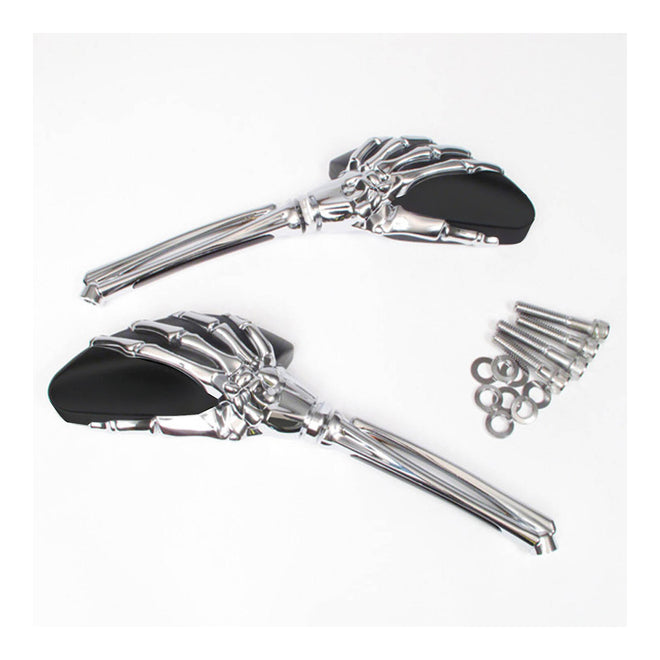 Whites Mirror - Universal Skeleton Hand Chrome / Black Harley (Pair)