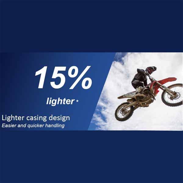 The range of Michelin Starcross 5 dirt tyres (sand, soft, medium and hard) have a 15% lighter casing design which means easier and quicker handling (based on 100/90-19 StarCross Sand). Average is 10% reduction versus Starcross 3/4
