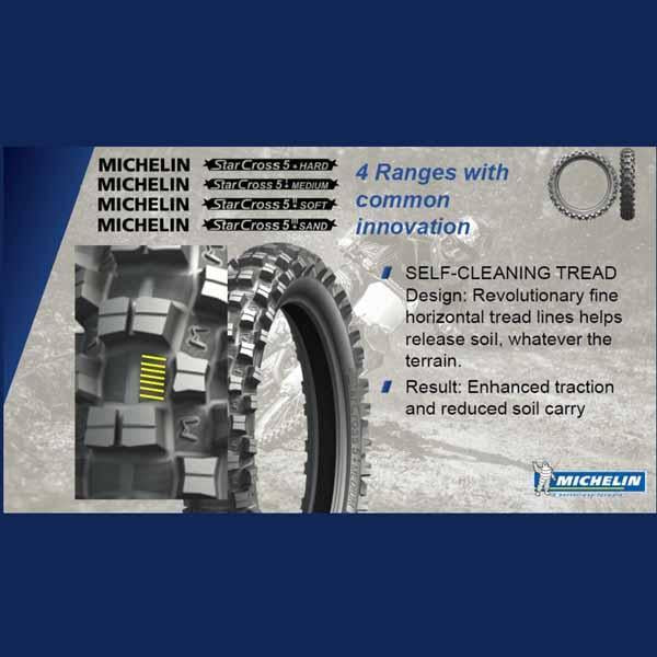 Michelin Starcross 5 - Sand, Soft, Medium and Hard dirt tyres - all compounds have a self-cleaning tread design: revolutionary fine horizontal tread lines helps release soil, whatever the terrain, which means enhanced traction and reduced soil carry