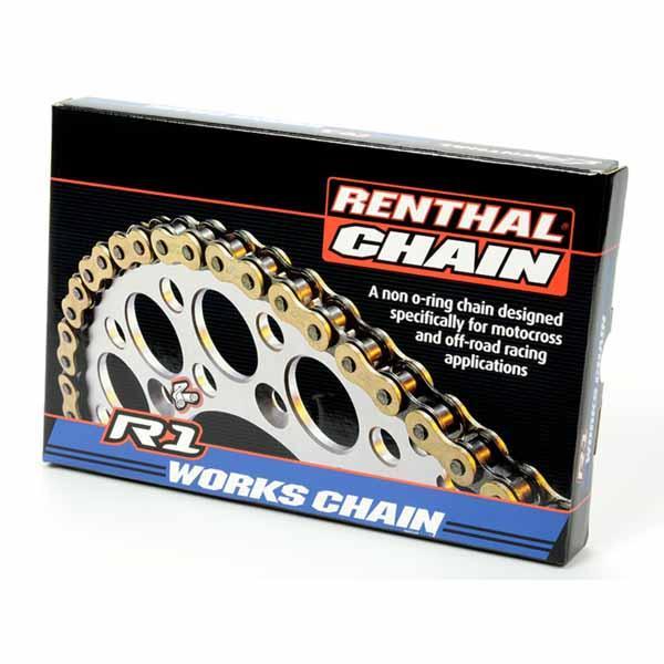 Renthal R1 works chain is a non o-ring chain designed specifically for motocross and off-road racing applications. Each chain includes a masterlink and a pair of latex gloves for mess free installation.